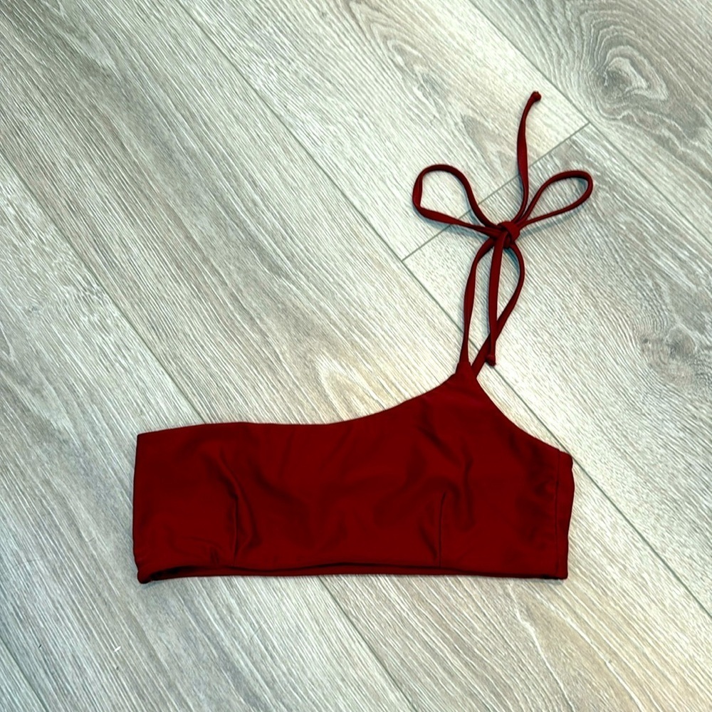 Honey Swim Burgundy Red One Shoulder Tie Bandeau Bikini Swim Top Size Small